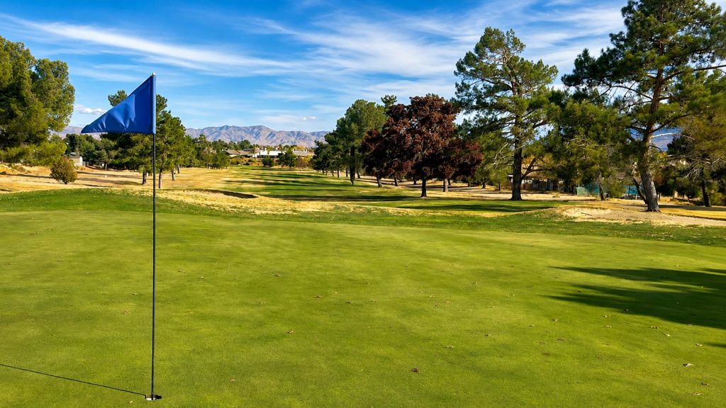 Blue flag on a green with mountain views at Green Tree Golf Club in Victorville.