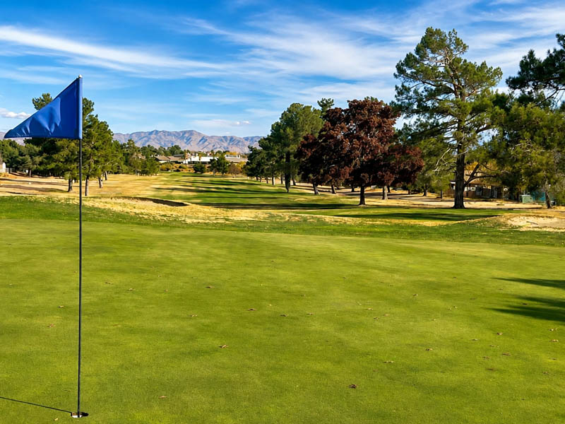 Blue flag on a green with mountain views at Green Tree Golf Club in Victorville.