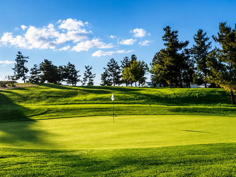Sunny putting green and fairway at Green Tree Golf Club in Victorville, California.