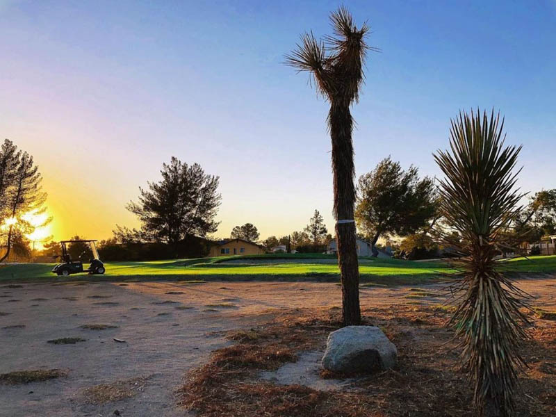 Sunset view of a golf cart and High Desert landscape at Green Tree Golf Club.