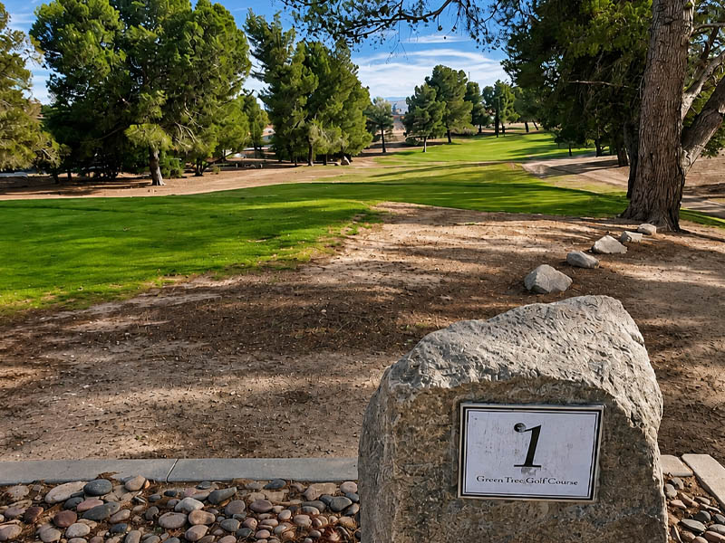 Hole 1 tee marker overlooking a tree-lined fairway at Green Tree Golf Club.